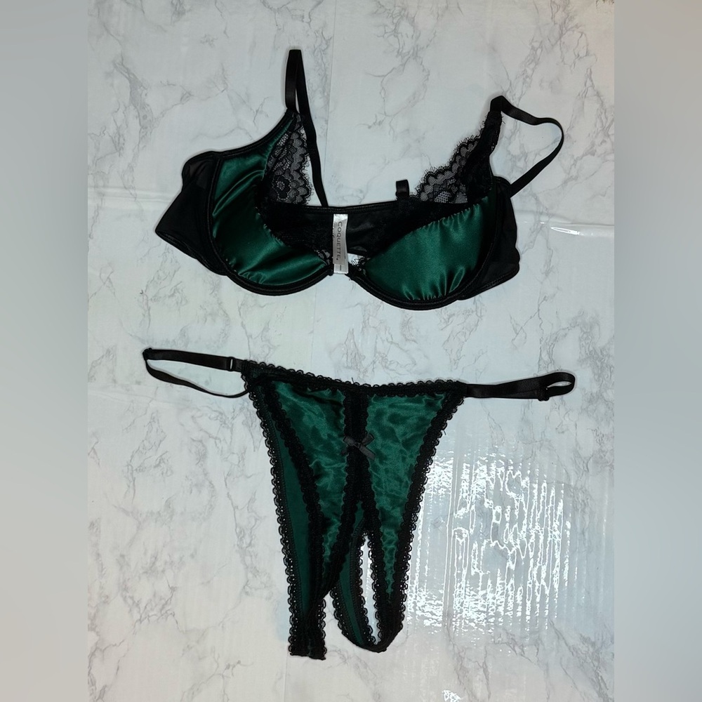 Coquette Dark Green & Black Demi Bra & Panty Set, size: L